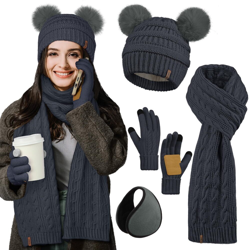 1800 Winter Beanie Hat Scarf Gloves Set Warm Fleece Cap with Pompom Knit